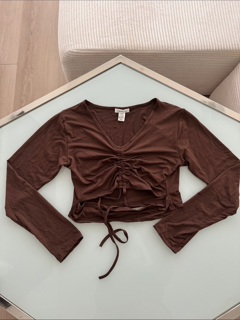 Cami NYC Chocolate Brown Ruched Drawstring Long Sleeve Crop Top